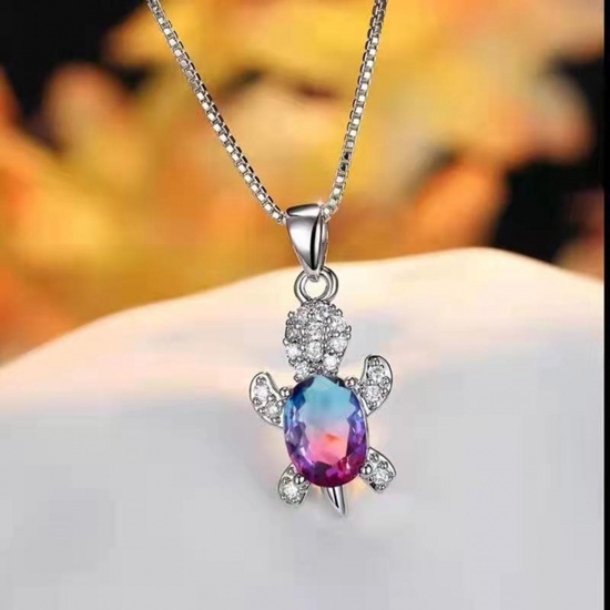 Picture of Ocean Jewelry Necklace Silver Tone Blue & Fuchsia Tortoise Animal Clear Rhinestone Imitation Crystal 45cm(17 6/8") long, 1 Piece