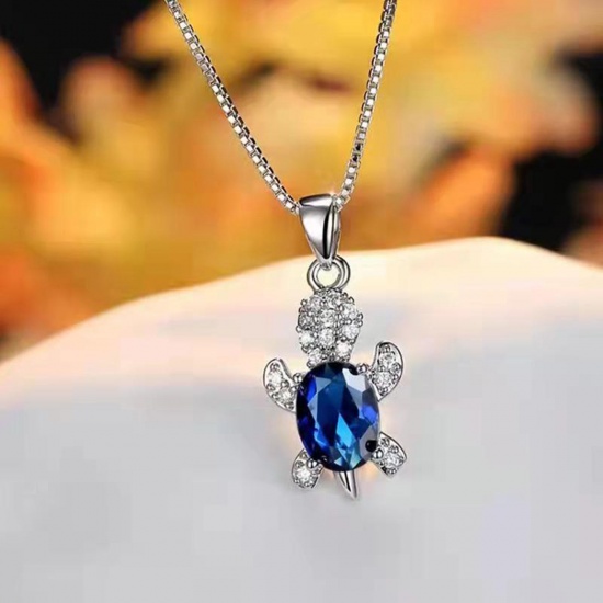 Picture of Ocean Jewelry Necklace Silver Tone Dark Blue Tortoise Animal Clear Rhinestone Imitation Crystal 45cm(17 6/8") long, 1 Piece