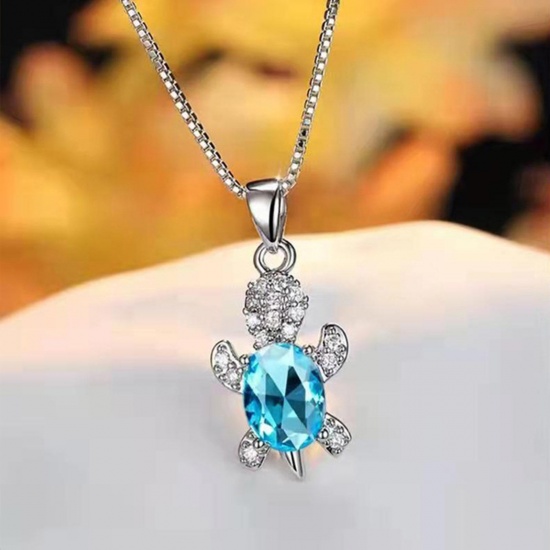 Picture of Ocean Jewelry Necklace Silver Tone Skyblue Tortoise Animal Clear Rhinestone Imitation Crystal 45cm(17 6/8") long, 1 Piece
