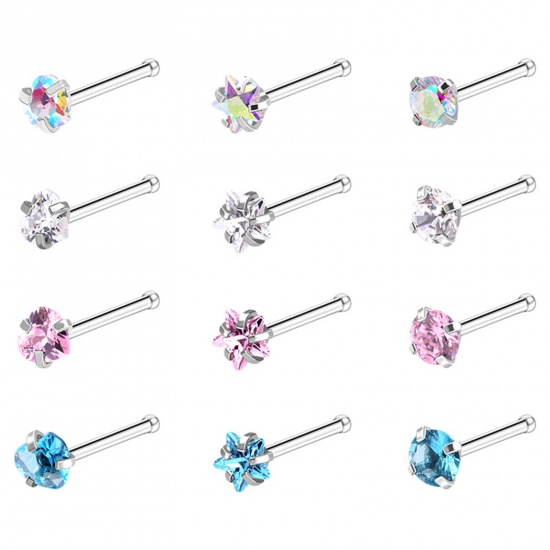 Picture of 304 Stainless Steel Nose Studs Body Piercing Jewelry Curve Silver Tone Pentagram Star Pattern Multicolor Rhinestone 7mm x 3mm, 1 Set ( 12 PCs/Set)