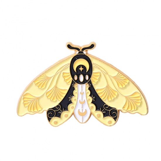 Picture of Insect Pin Brooches Butterfly Animal Leaf Gold Plated Yellow Enamel 4.3cm x 2.8cm, 1 Piece