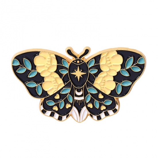 Image de Broche Epingle Insecte Papillon Feuilles Doré Bleu Émail 4.3cm x 2.3cm, 1 Pièce