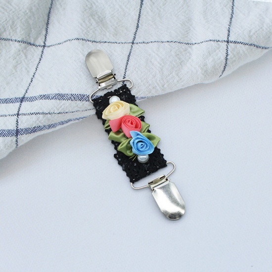 Picture of Cotton Stylish Cardigan Collar Shawl Clip Brooch Flower Lace Black Elastic 14.5cm x 3.3cm, 1 Piece