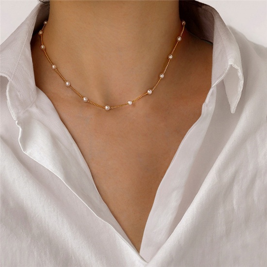 Picture of Stylish Choker Necklace Gold Plated Imitation Pearl 35cm(13 6/8") long, 1 Piece