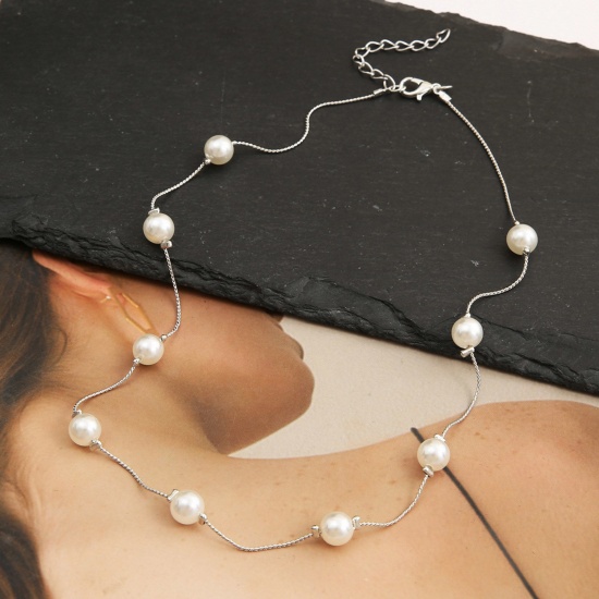 Picture of Stylish Choker Necklace Silver Tone Imitation Pearl 35cm(13 6/8") long, 1 Piece