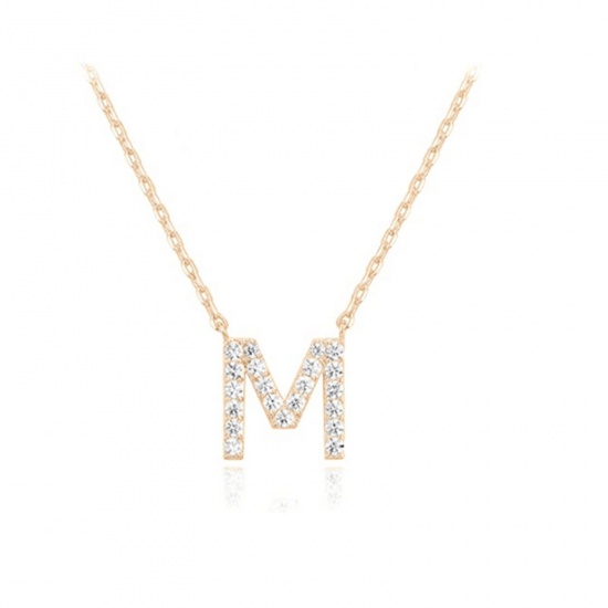 Picture of Hypoallergenic Simple & Casual Exquisite 14K Gold Color Sterling Silver Rolo Chain Initial Alphabet/ Capital Letter Message " M " Pendant Necklace For Women Mother's Day 45cm(17 6/8") long, 1 Piece