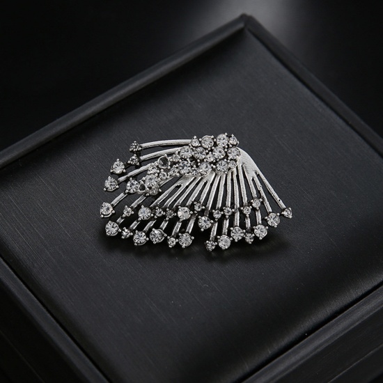 Picture of Ear Jacket Stud Earrings Antique Silver Color Wing Clear Rhinestone 3.7cm x 2.6cm, 1 Piece