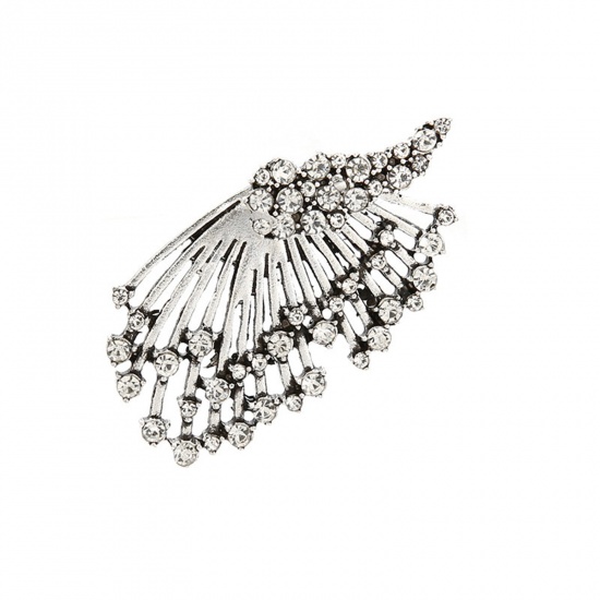 Picture of Ear Jacket Stud Earrings Antique Silver Color Wing Clear Rhinestone 3.7cm x 2.6cm, 1 Piece