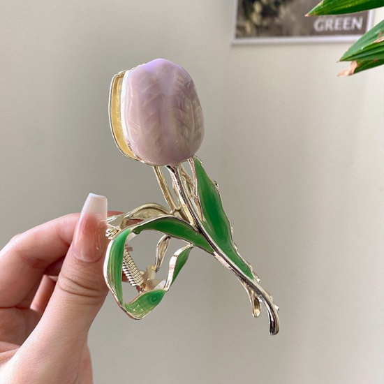 Immagine di Acrilato Stile Ins Fermaglio per Capelli Viola & Verde Fiore del Tulipano 11cm x 6cm , 1 Pz