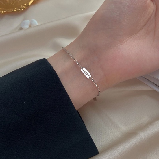 Bild von Ins Stil Armband Platin Plattiert Message " Lucky " 15cm lang, 1 Strang
