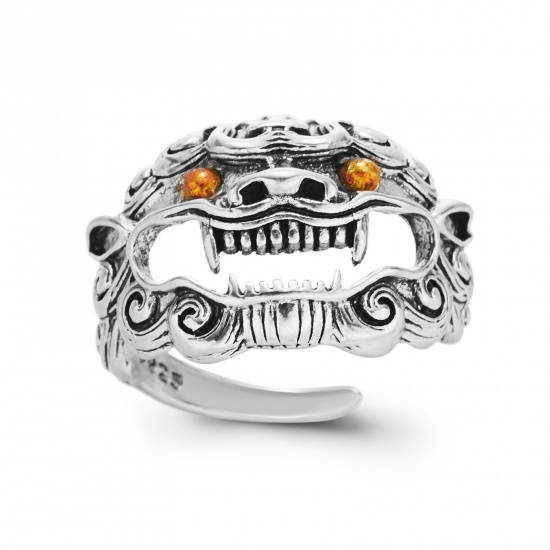 Picture of Retro Open Adjustable Wrap Rings Antique Silver Color Yellow Tiger Animal 17mm(US Size 6.5), 1 Piece