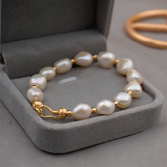 Picture of Freshwater Cultured Pearl Baroque Dainty Bracelets Delicate Bracelets Beaded Bracelet Gold Plated 16cm(6 2/8") long, 1 Piece