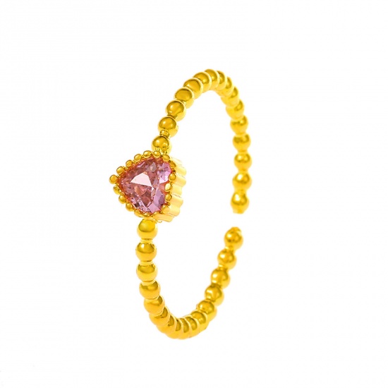 Immagine di Ottone Stile Ins Aperto Regolabile Anello Cuore Oro Placcato Rosa Cubic Zirconiae 18mm (taglia di US: 7.75), 1 Pz                                                                                                                                             