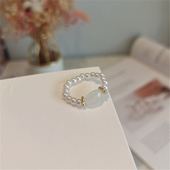 Picture of Acrylic Stylish Elastic Stretch Beaded Rings White Imitation Pearl Oval 17mm(US Size 6.5), 1 Piece