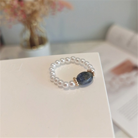 Picture of Acrylic Stylish Elastic Stretch Beaded Rings Black Imitation Pearl Oval 17mm(US Size 6.5), 1 Piece