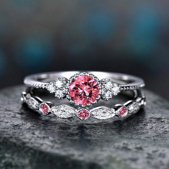 Picture of Exquisite Unadjustable Rings Silver Tone Red Rhinestone 16.5mm(US Size 6), 1 Set ( 2 PCs/Set)