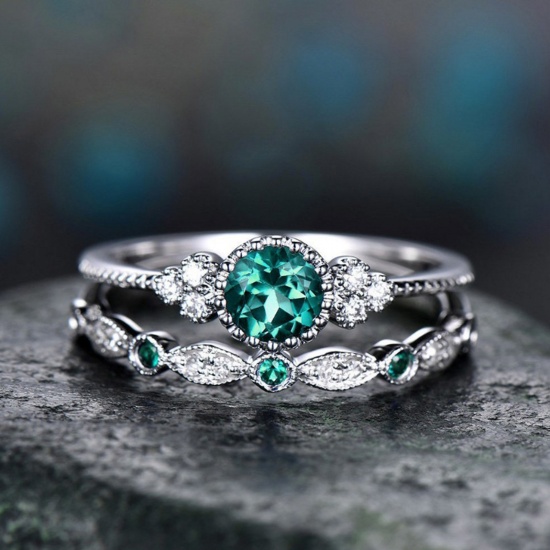 Picture of Exquisite Unadjustable Rings Silver Tone Green Rhinestone 17.3mm(US Size 7), 1 Set ( 2 PCs/Set)