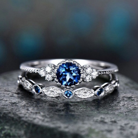 Picture of Exquisite Unadjustable Rings Silver Tone Blue Rhinestone 18.1mm(US Size 8), 1 Set ( 2 PCs/Set)
