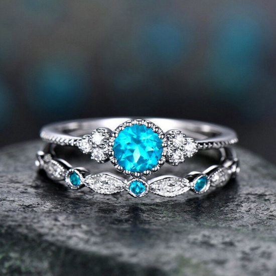Picture of Exquisite Unadjustable Rings Silver Tone Lake Blue Rhinestone 15.7mm(US Size 5), 1 Set ( 2 PCs/Set)