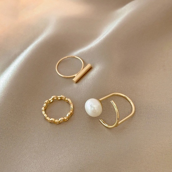 Picture of Copper Stylish Open Adjustable Rings Gold Plated White Imitation Pearl 1 Set ( 3 PCs/Set)