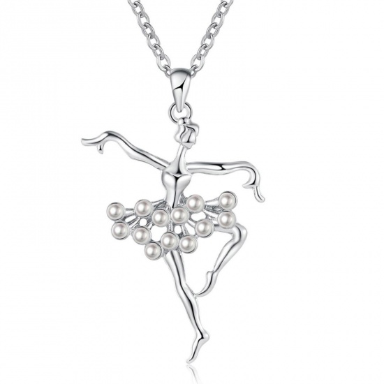 Picture of Elegant Necklace Silver Tone White Ballerina Imitation Pearl 50cm(19 5/8") long, 1 Piece