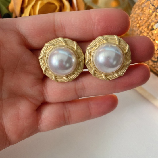 Picture of Style Of Royal Court Character Ear Post Stud Earrings Gold Plated Round Stripe Imitation Pearl 2.5cm Dia., 1 Pair
