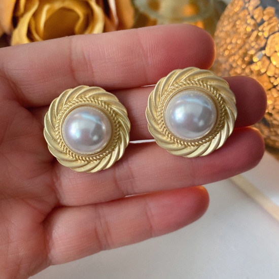 Picture of Style Of Royal Court Character Ear Post Stud Earrings Gold Plated Round Spiral Imitation Pearl 2.5cm Dia., 1 Pair
