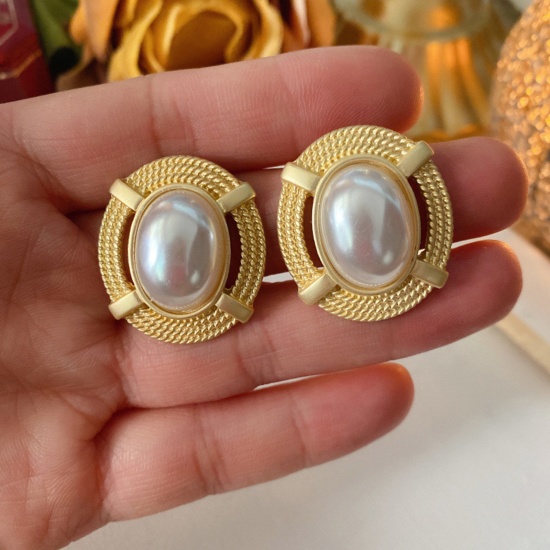 Picture of Style Of Royal Court Character Ear Post Stud Earrings Gold Plated Oval Stripe Imitation Pearl 28mm x 25mm, 1 Pair