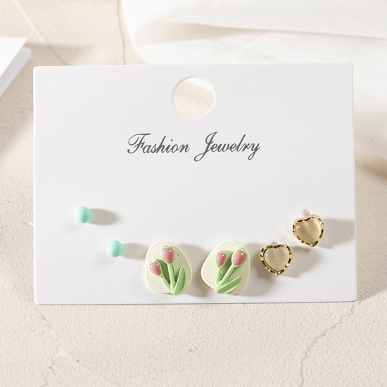 Picture of Resin Cardboard Series Ear Post Stud Earrings Set Green Tulip Flower Heart 10mm, 1 Set ( 3 Pairs/Set)