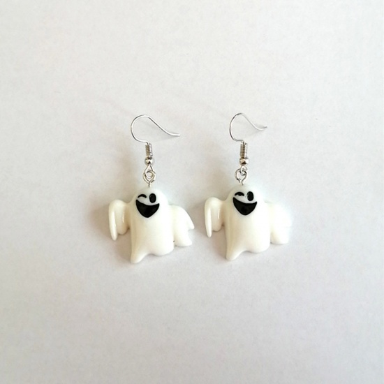 Picture of Resin Halloween Ear Wire Hook Earrings Silver Tone White Ghost 5cm x 2.5cm, 1 Pair