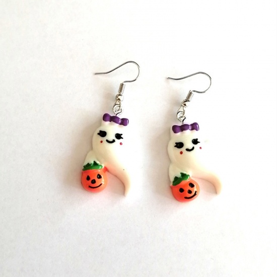 Picture of Resin Halloween Ear Wire Hook Earrings Silver Tone White & Orange Ghost Pumpkin 5cm x 2.5cm, 1 Pair