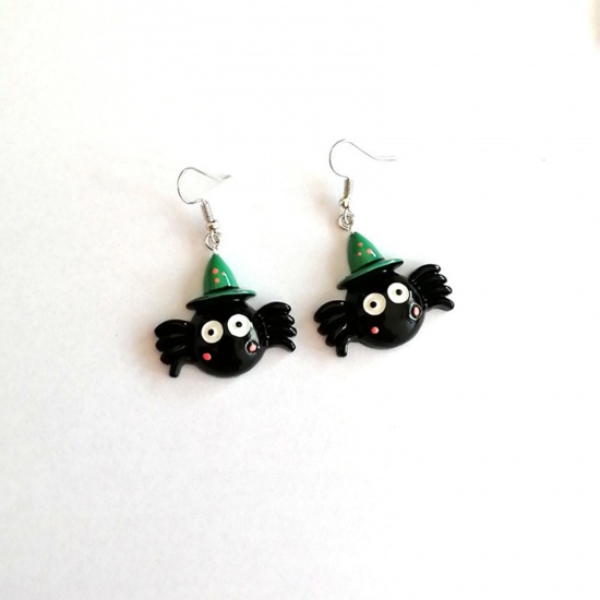 Picture of Resin Halloween Ear Wire Hook Earrings Silver Tone Black Spider Animal 5cm x 2.5cm, 1 Pair