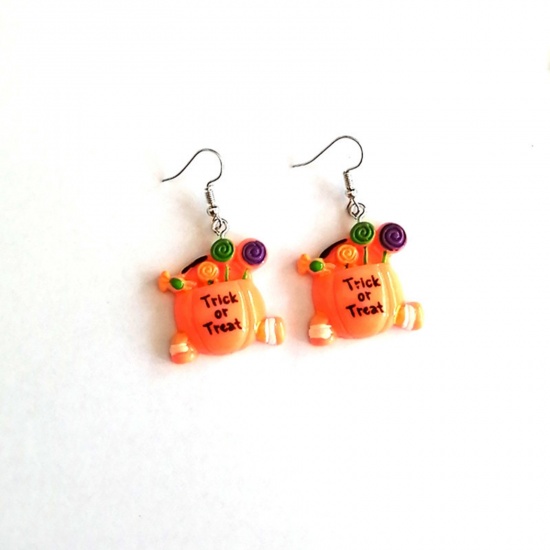 Picture of Resin Halloween Ear Wire Hook Earrings Silver Tone Orange Pumpkin 5cm x 2.5cm, 1 Pair