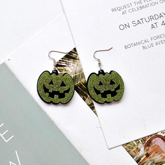 Picture of Acrylic Halloween Ear Wire Hook Earrings Silver Tone Yellow-green Pumpkin 5.5cm x 4.8cm, 1 Pair