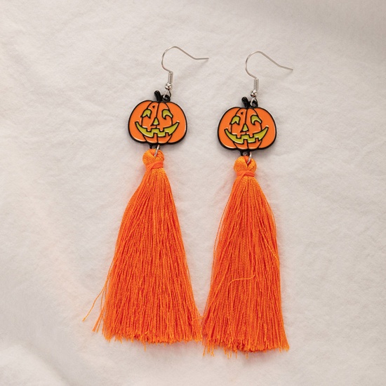 Image de Boucles d'Oreilles Corchets Halloween Argent Mat Orange Franges Pompons Glands Halloween Citrouille 10.3cm x 2cm, 1 Paire