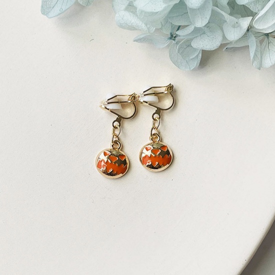 Picture of Halloween Non Piercing Clip-on Earrings Gold Plated Orange Ghost Face Enamel 3cm, 1 Pair
