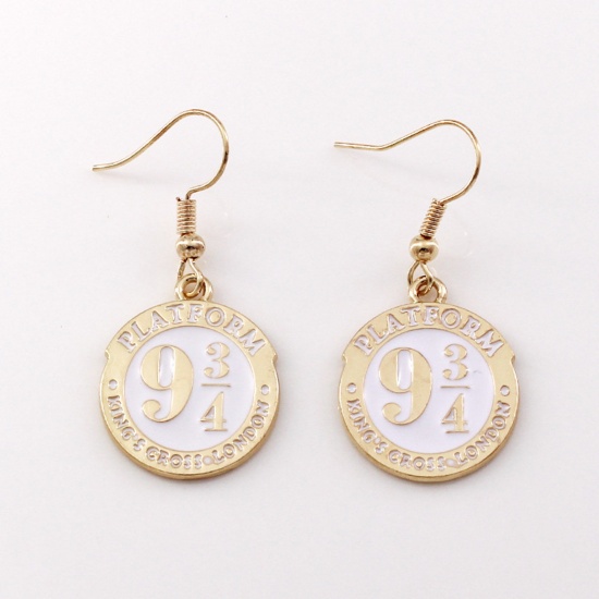 Picture of Halloween Ear Wire Hook Earrings Gold Plated White Round Enamel 4cm x 2.5cm, 1 Pair