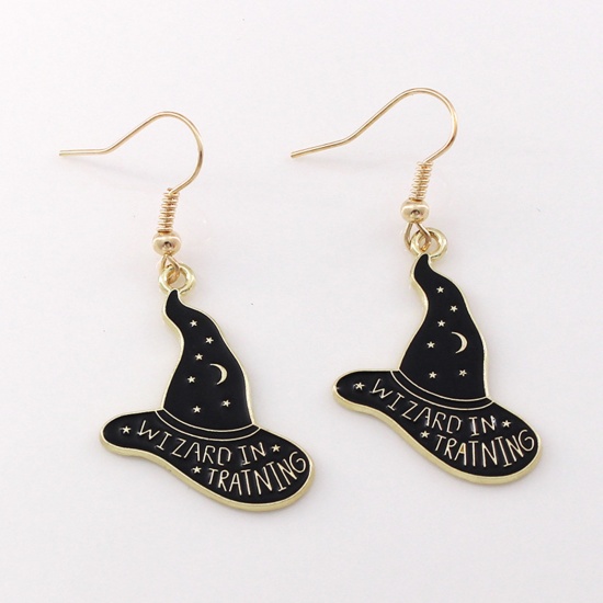 Picture of Halloween Ear Wire Hook Earrings Gold Plated Black Witch Hat Enamel 4cm x 2.5cm, 1 Pair