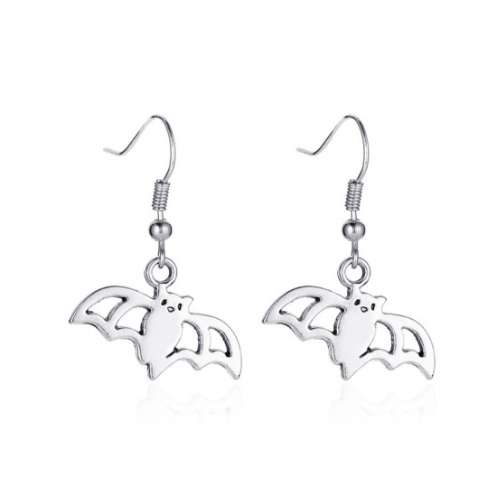 Picture of Halloween Ear Wire Hook Earrings Antique Silver Color Bat Animal Hollow 3.3cm, 1 Pair