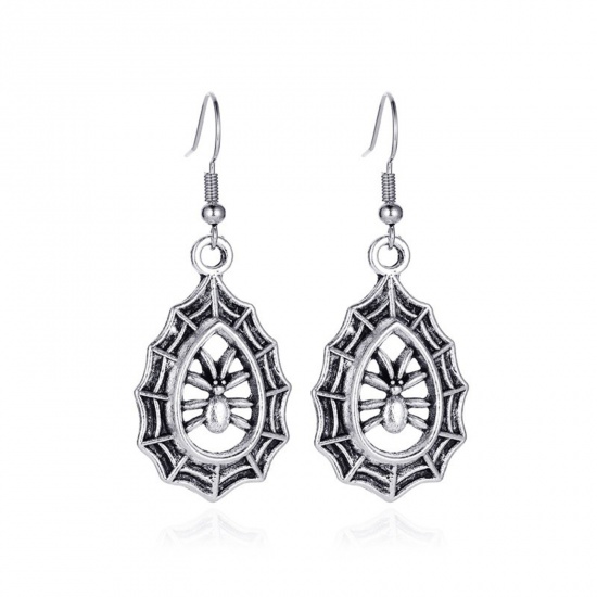 Picture of Halloween Ear Wire Hook Earrings Antique Silver Color Halloween Cobweb 5cm, 1 Pair