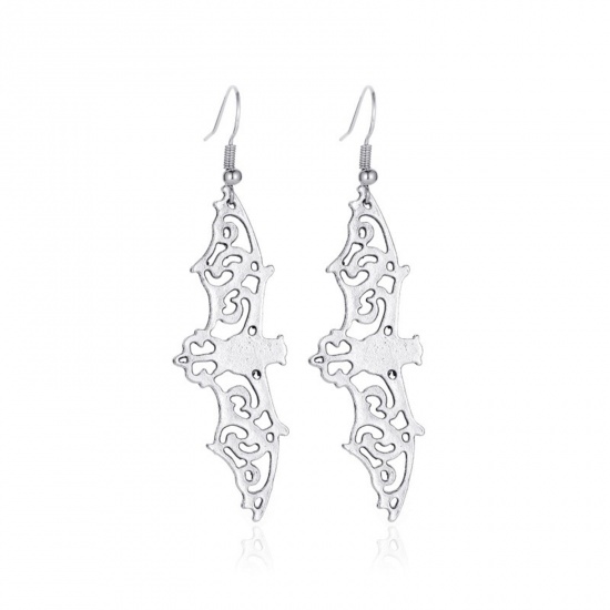 Picture of Halloween Ear Wire Hook Earrings Antique Silver Color Bat Animal 7cm, 1 Pair