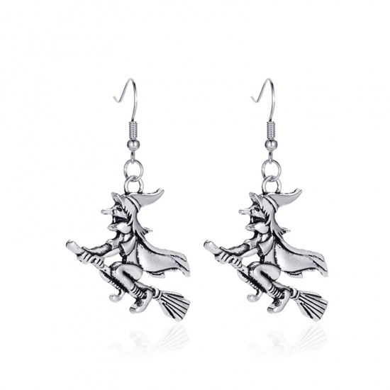 Picture of Halloween Ear Wire Hook Earrings Antique Silver Color Halloween Witch 5.5cm, 1 Pair