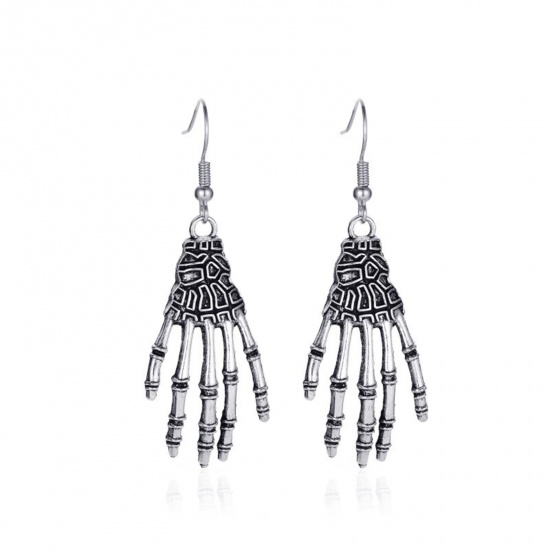 Picture of Halloween Ear Wire Hook Earrings Antique Silver Color Skeleton Hand 6cm, 1 Pair