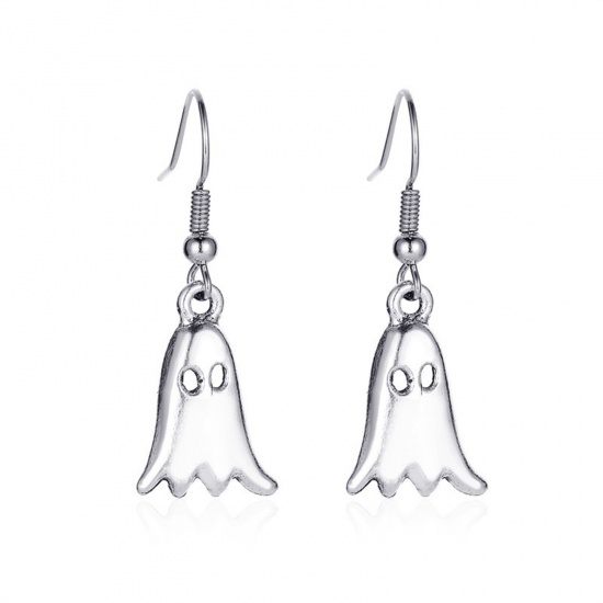 Picture of Halloween Ear Wire Hook Earrings Antique Silver Color Ghost 3.6cm, 1 Pair