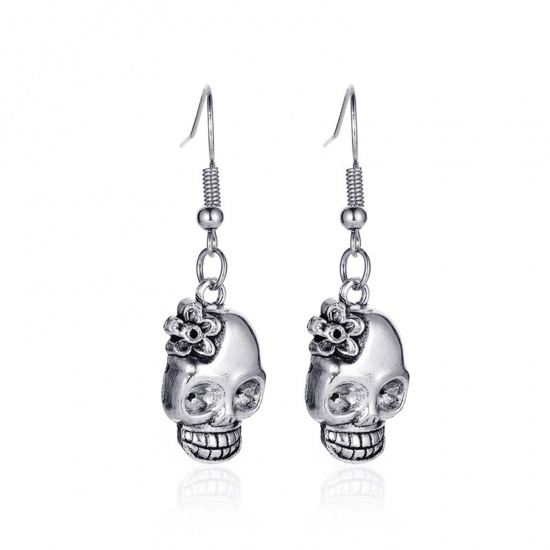 Picture of Halloween Ear Wire Hook Earrings Antique Silver Color Skeleton Skull 4.3cm, 1 Pair