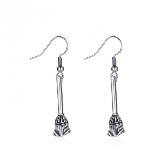 Picture of Halloween Ear Wire Hook Earrings Antique Silver Color Broom 4.3cm, 1 Pair