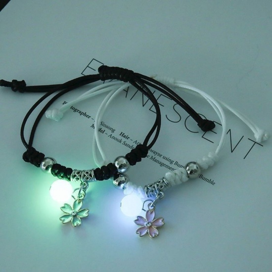 Picture of Glow In The Dark Waved String Braided Friendship Bracelets Silver Tone Black & White Flower Enamel 17cm-21cm long, 1 Set ( 2 PCs/Set)