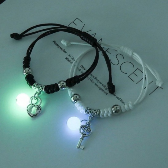 Picture of Glow In The Dark Waved String Braided Friendship Bracelets Silver Tone Black & White Key Lock 17cm-21cm long, 1 Set ( 2 PCs/Set)