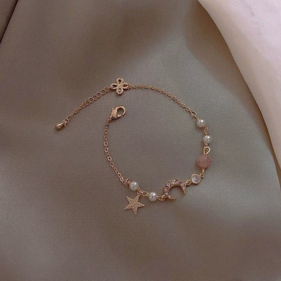 Bild von Galaxis Armband Vergoldet Rosa Pentagramm Stern Mond Imitat Perle Transparent Strass 16cm lang, 1 Strang