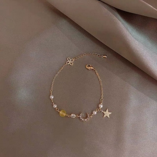 Bild von Galaxis Armband Vergoldet Gelb Pentagramm Stern Mond Imitat Perle Transparent Strass 16cm lang, 1 Strang